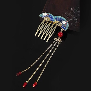 Peigne à cheveux vintage en forme d'éventail avec fleurs bleues et pompons dorés