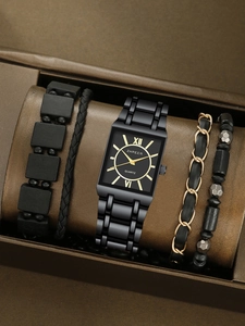Detailed view of black square quartz watch and matching men's bracelet gift set collection