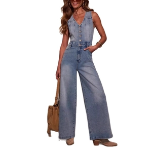 Combinaison en jean sans manches pour femme avec col en V et jambe large de style rétro