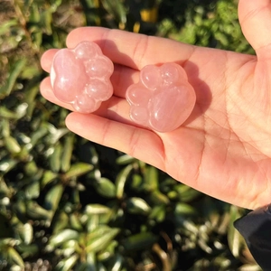 Hand holding a pair of polished pink crystal cat paw carvings in natural sunlight