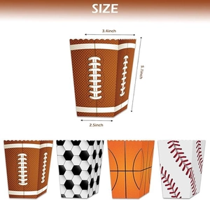 Detailed dimensions of football theme party popcorn boxes in four sports styles