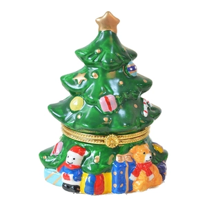 Christmas tree ceramic jewelry box with hand-painted festive patterns and gold hinge