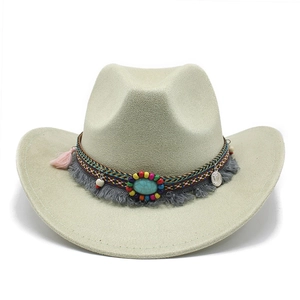 Chapeau De Cowboy Occidental Suédine Large Bord Bohème Ethnique Bande Tissée Turquoise Glands Jazz Fedora