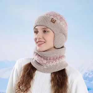 Knitted winter hat and scarf set with ear protection in pink and beige jacquard