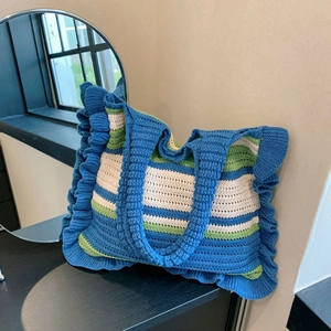 Handmade Knit Tote Bag Striped Crochet Shoulder Purse With Ruffle Trim Large Capacity Casual Handbag For Women