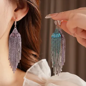 Bohemian style fan-shaped zircon fringe drop earrings with elegant dangling tassels