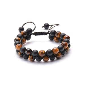Detail of double-layer hand-woven bracelet with black matte beads and tiger eye stones