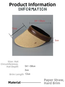 Detailed size specifications for women's wide brim straw sun hat with leather trim