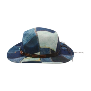 Vintage patchwork denim fedora hat with turquoise beads and brown leather strap