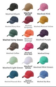 Detailed grid showing 18 colors of vintage washed cotton baseball caps with distressed edges