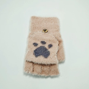 Detail of beige faux mink flip-top gloves with grey cat paw print and wooden button