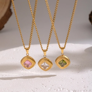 Vintage Square Zircon Pendant Necklace 18K Gold Plated 304 Stainless Steel Rope Edge Waterproof Jewelry Women