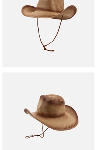 Close-up of a gradient brown straw western cowboy hat with adjustable chin strap detail