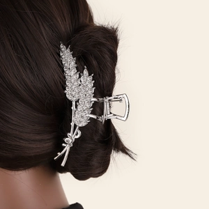 Elegant silver wheat ear metal hair claw clip with sparkling rhinestones for women