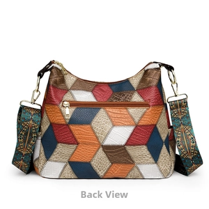 Detail view of the back pocket and colorful patchwork pattern on the tote bag