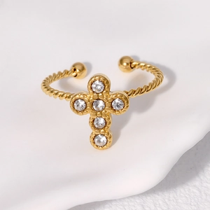 Gold plated stainless steel cross ring with sparkling zircon and twisted rope band