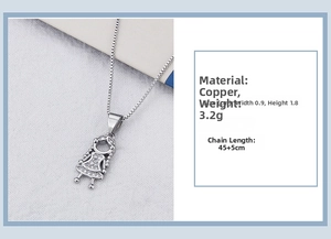 Detail view of girl pendant necklace in copper with white cubic zirconia stones
