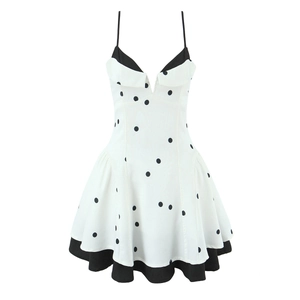 Robe Courte Femme À Pois Style Français Doux Sexy Taille Haute Coupe Slim Ourlet Évasé Sans Manches Polyester