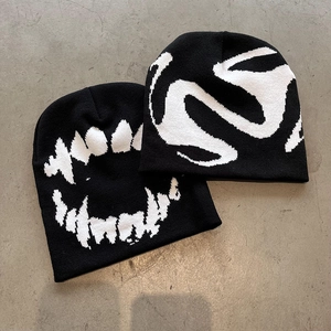 Trendy Acrylic Knitted Beanie For Women Ghost Teeth Abstract Pattern Streetwear Winter Warm Skull Cap Retro Black White