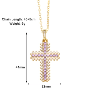 Detail showing the cross pendant dimensions with colorful stones and gold plated chain
