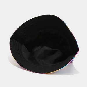 Detail of colorful reversible bucket hat showing abstract print and black inner lining