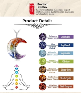 Detailed chart of Tree of Life moon pendant showing seven chakra stones and silver wire