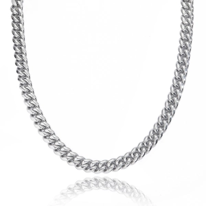 Detailed view of polished stainless steel Cuban link necklace with heavy metal texture