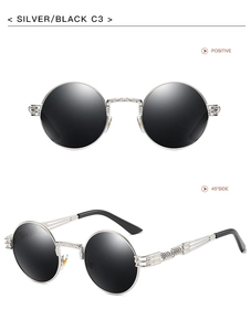 Detail of silver steampunk round sunglasses with black lenses and mechanical textures