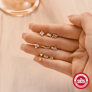 Minimalist S925 sterling silver cartilage stud earrings set with zircon chain and fringe