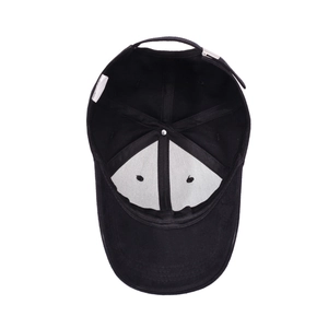Internal structure of a vintage black washed baseball cap with adjustable metal buckle