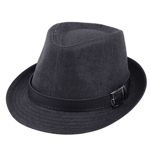 Classic black woven fedora hat with a leather band and silver buckle on white background