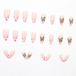 French tip press-on nails with pink floral patterns and delicate butterfly nail art