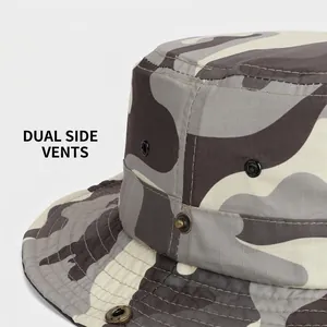 Kids camo sun hat with wide brim, ripstop fabric and metal vents for outdoor protection