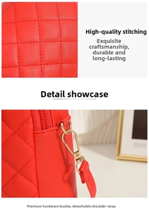 Detail of red quilted PU leather handbag featuring precise stitching and gold metal buckle
