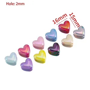 Colorful 16mm heart-shaped acrylic beads with pearlescent finish and 2mm hole for DIY crafts