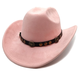 Detail of pink suede cowboy hat featuring brown leather band and bull head metal badge