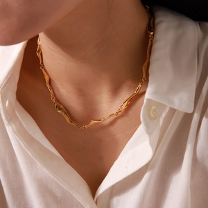 Irregular Wave Link Clavicle Chain Necklace Stainless Steel Vacuum Gold Plated Geometric Liquid Metal Style For Women