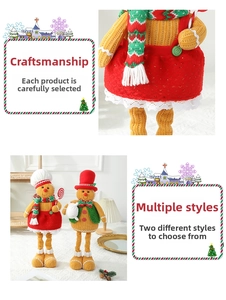 Detailed view of telescopic gingerbread man plush dolls with knitted Christmas outfits