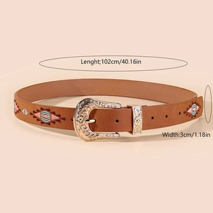 Detailed embroidery on brown leather belt with dimensions 102cm length and 3cm width