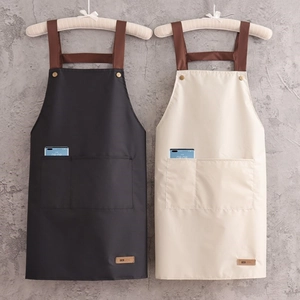 Waterproof aprons in black and beige featuring double pockets and brown neck straps