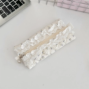 Detail of floral quilted pencil case featuring white lace trim and flower zipper pull
