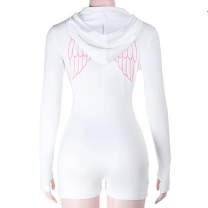 Detailed back view of white hooded bodysuit featuring pink angel wing print and thumbhole cuffs