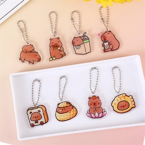 Cute capybara acrylic keychain set with various cartoon designs and silver bead chains