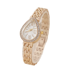 Elegant gold teardrop quartz watch for women with crystal bezel and Roman numerals