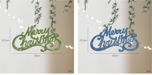 Detail view of glittery Merry Christmas hanging signs with size and weight dimensions