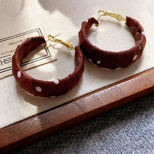 Retro geometric brown polka dot fabric hoop earrings with elegant gold metallic accents
