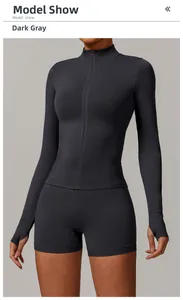 Detail of dark gray yoga set with stand collar zipper jacket and thumbhole sleeves