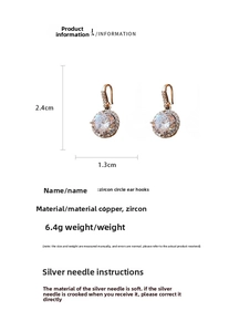 Detailed view of gold plated zircon circle earrings with dimensions 2.4cm by 1.3cm