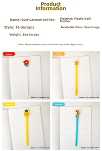 Detailed view of four cartoon gel pens with silicone flower and rainbow toppers