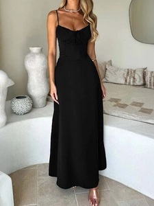 Elegant black strap A-line maxi dress with cinched waist and soft flowing fabric